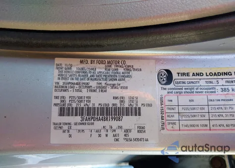 2011 Ford Fusion Se from USA, damaged, VIN 3FAHP0HA4BR199087